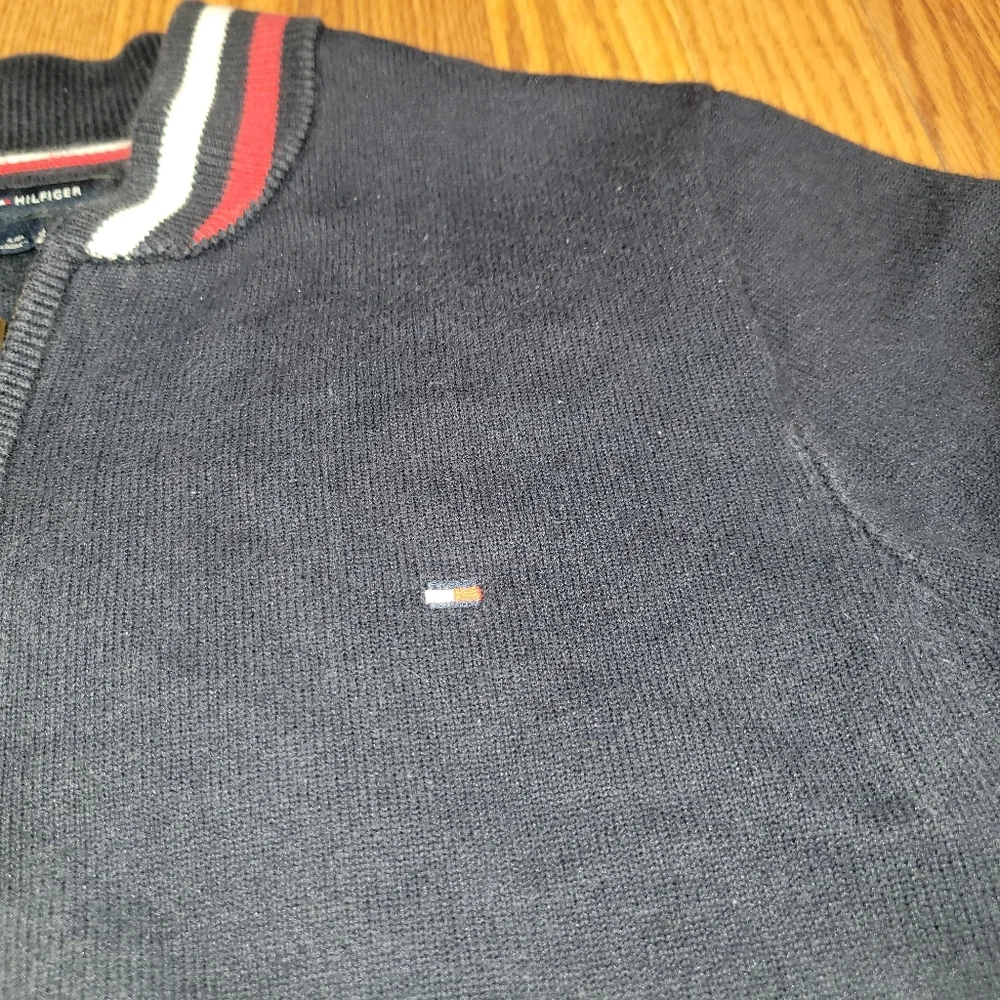 Tommy Hilfiger Blue Full ZIP Knit Sweater Navy With White Red Flag Stripes Sm/P - Picture 3 of 10